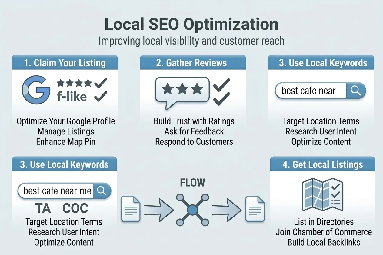 SEO Guide for Beginners: Local SEO Optimization steps including claiming your Google listing, gathering reviews, using local keywords, and getting local directory listings to improve local visibility and customer reach