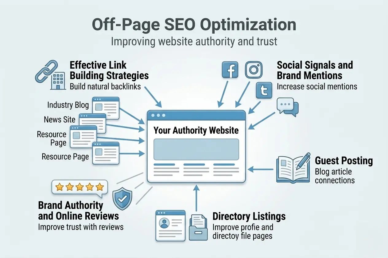 SEO Guide for Beginners: Off-Page SEO Optimization showing link building strategies from industry blogs, news sites, and resource pages, along with social signals, guest posting, directory listings, and brand authority to improve website trust