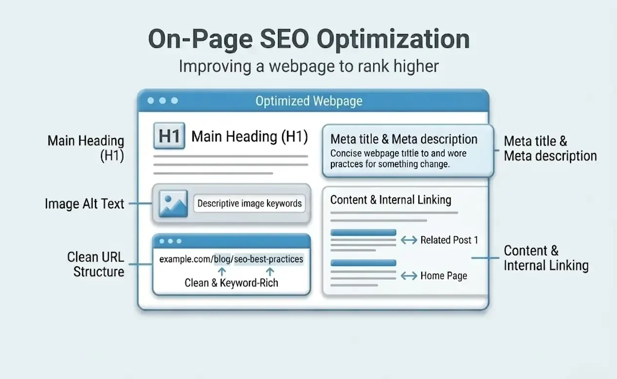 SEO Guide for Beginners: On-Page SEO Optimization of a webpage showing H1 main heading, image alt text, clean URL structure, meta title and description, and content with internal linking to rank higher on search engines