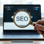 SEO Guide for Beginners: A hand holding a magnifying glass with the word SEO in focus in front of a laptop screen with a search bar, representing search engine optimization