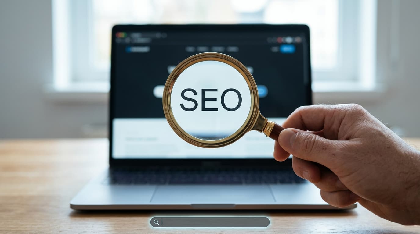 SEO Guide for Beginners: A hand holding a magnifying glass with the word SEO in focus in front of a laptop screen with a search bar, representing search engine optimization