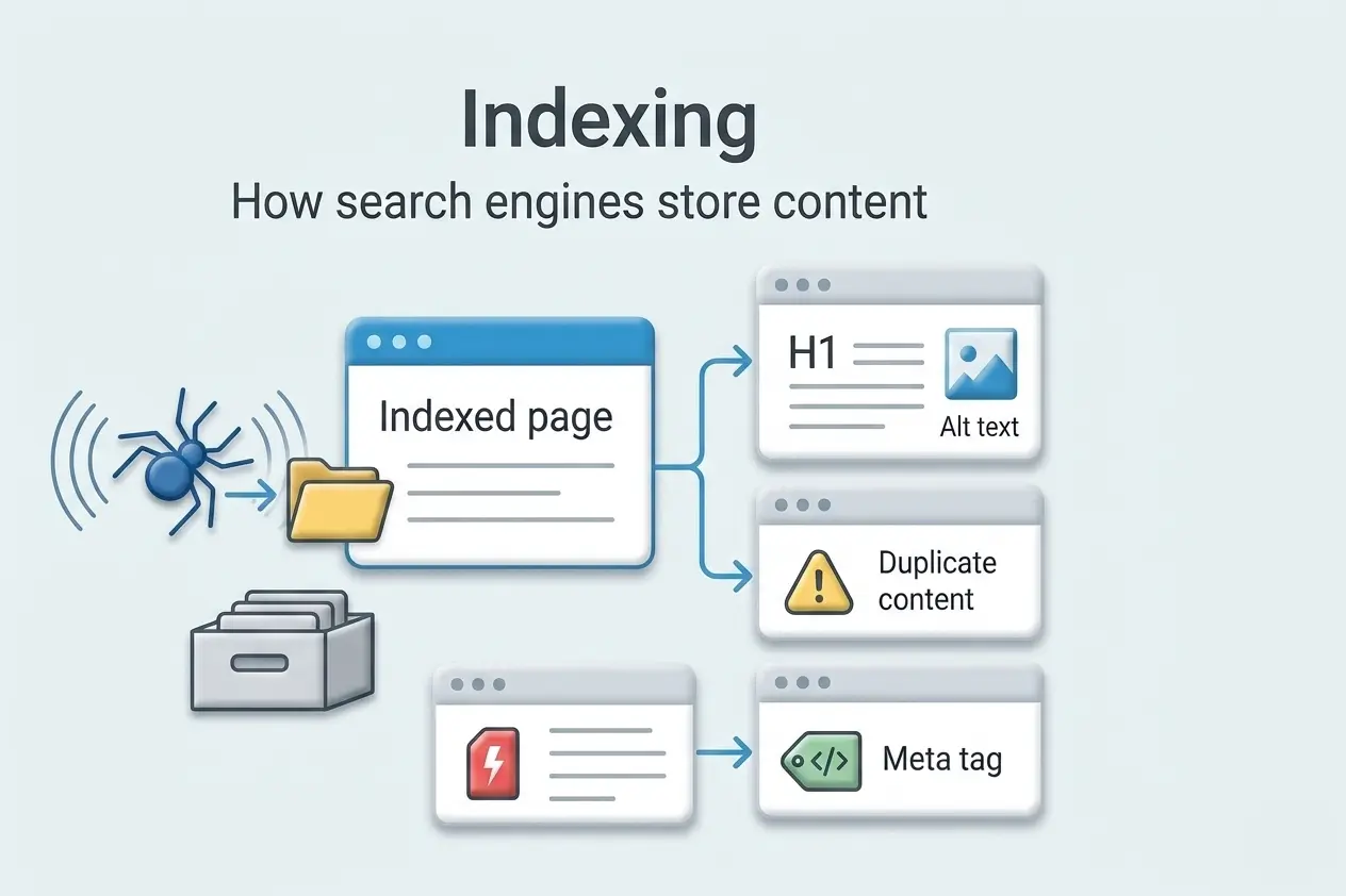 SEO Guide for Beginners: How search engines store content through indexing, showing a crawler saving pages with H1 headings, alt text, meta tags, and flagging duplicate content issues