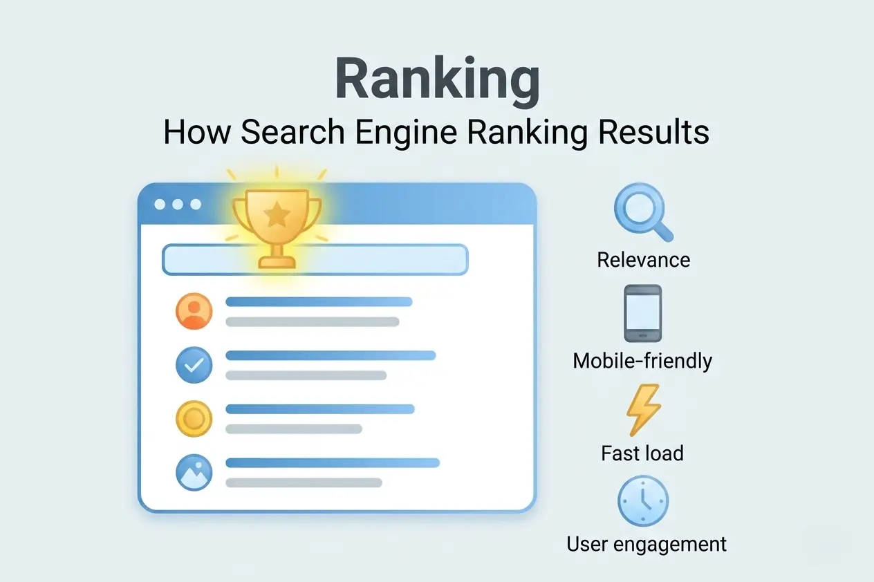 SEO Guide for Beginners: How search engine ranking works based on key factors including relevance, mobile-friendliness, fast page load speed, and user engagement to determine search result positions