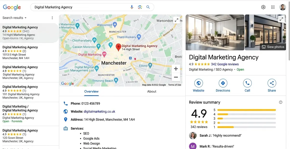 Fully optimized Google My Business profile showing 4.9 star rating, 342 reviews, and location on Google Maps
