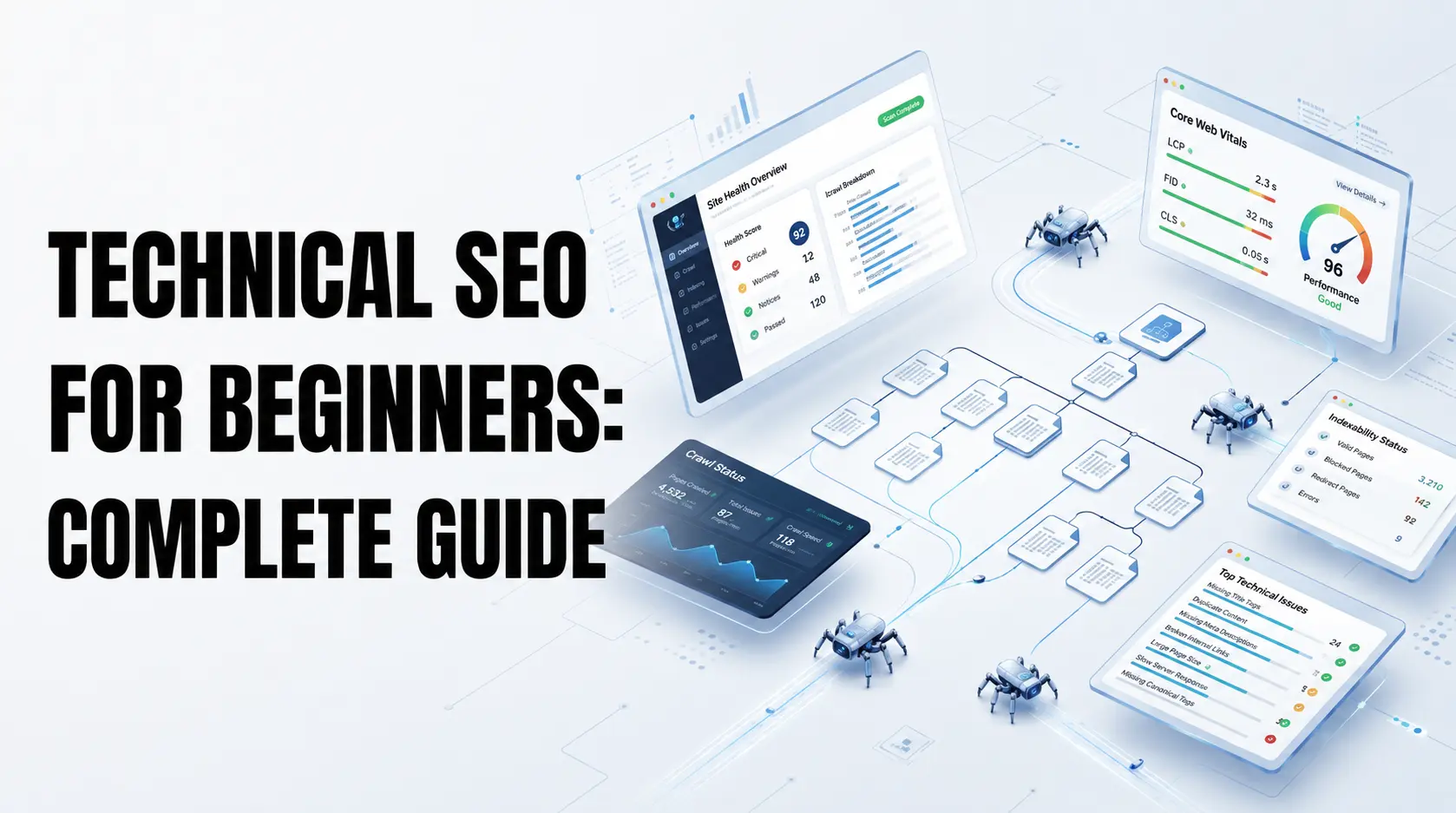Technical SEO guide for beginners showing crawl, index, and ranking process in 2026