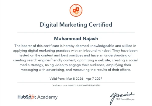 HubSpot Digital Marketing Certification covering SEO, content marketing, and online strategy