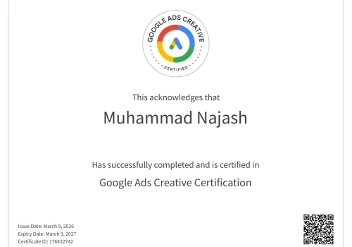 Google Ads Creative Certification from Google demonstrating expertise in ad creatives and campaign optimization