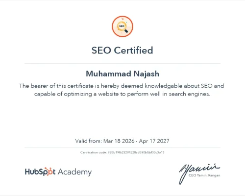 HubSpot SEO Certification – Muhammad Najash, SEO Expert, Kannur